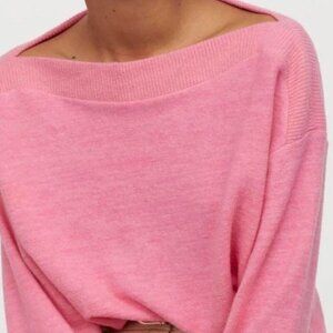 H&M Pink Melange Boat Neck Ribbed Trim Crew Sweater